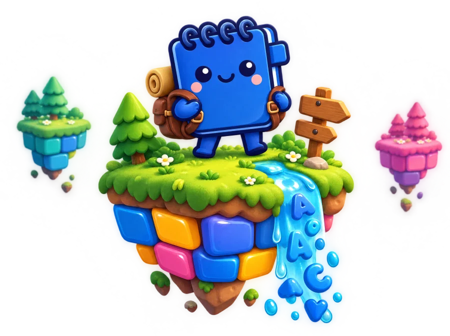 Mascot exploring a floating island made of letter tiles