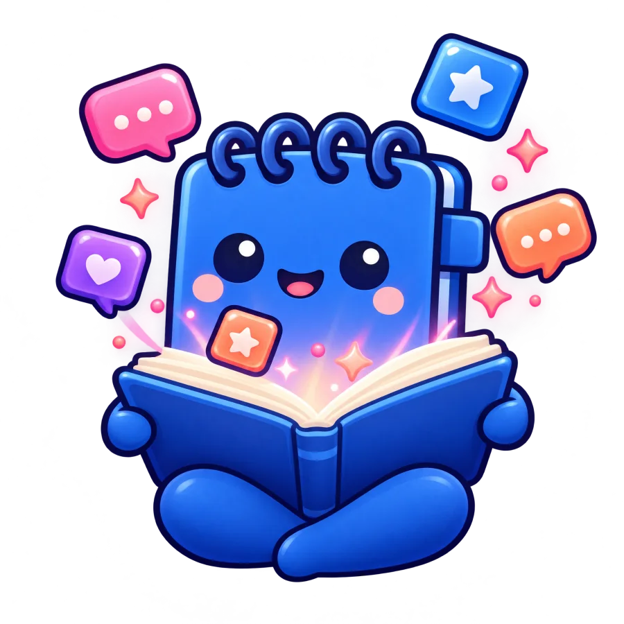 Mascot reading a book with words floating out