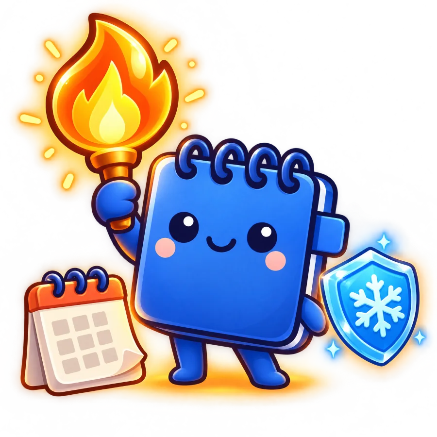 Mascot holding a streak flame next to a calendar and shield