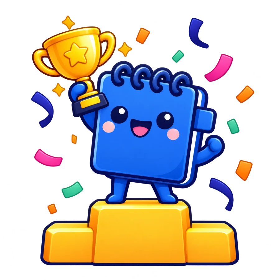 Mascot on a podium holding a gold trophy