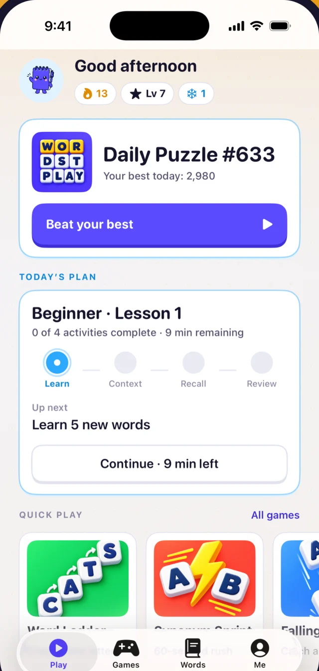 WordFren home screen with today's Daily Puzzle and streak