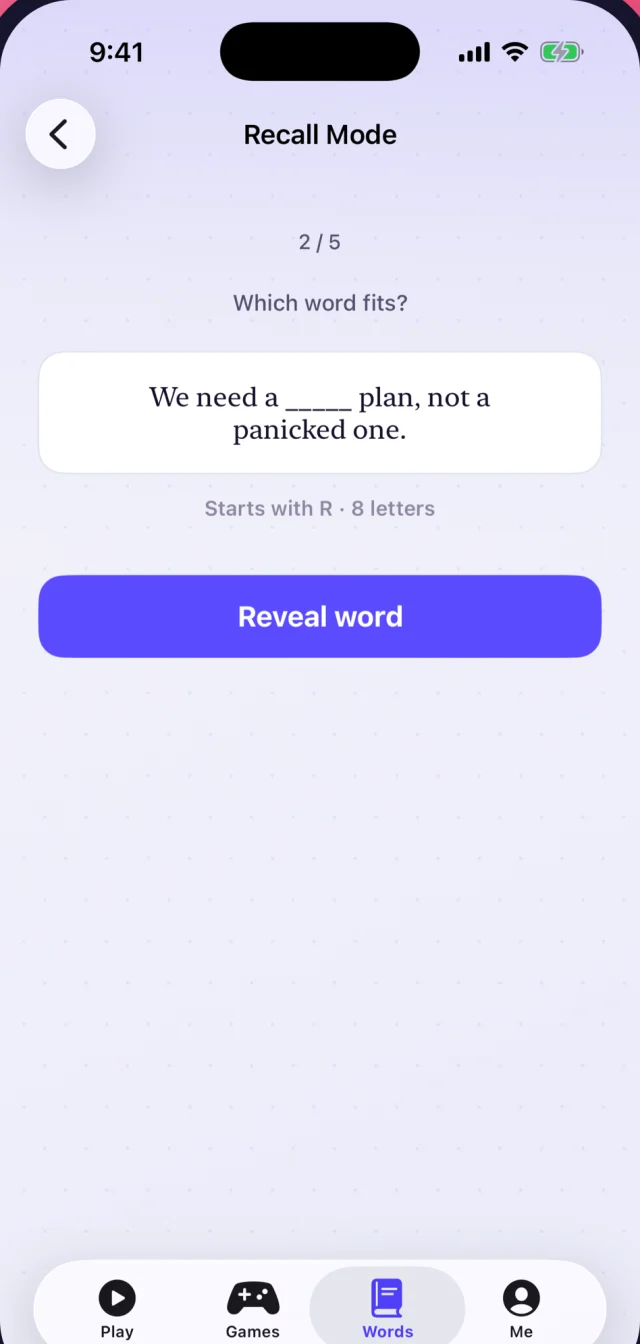 Recall Mode asking which word fits a sentence