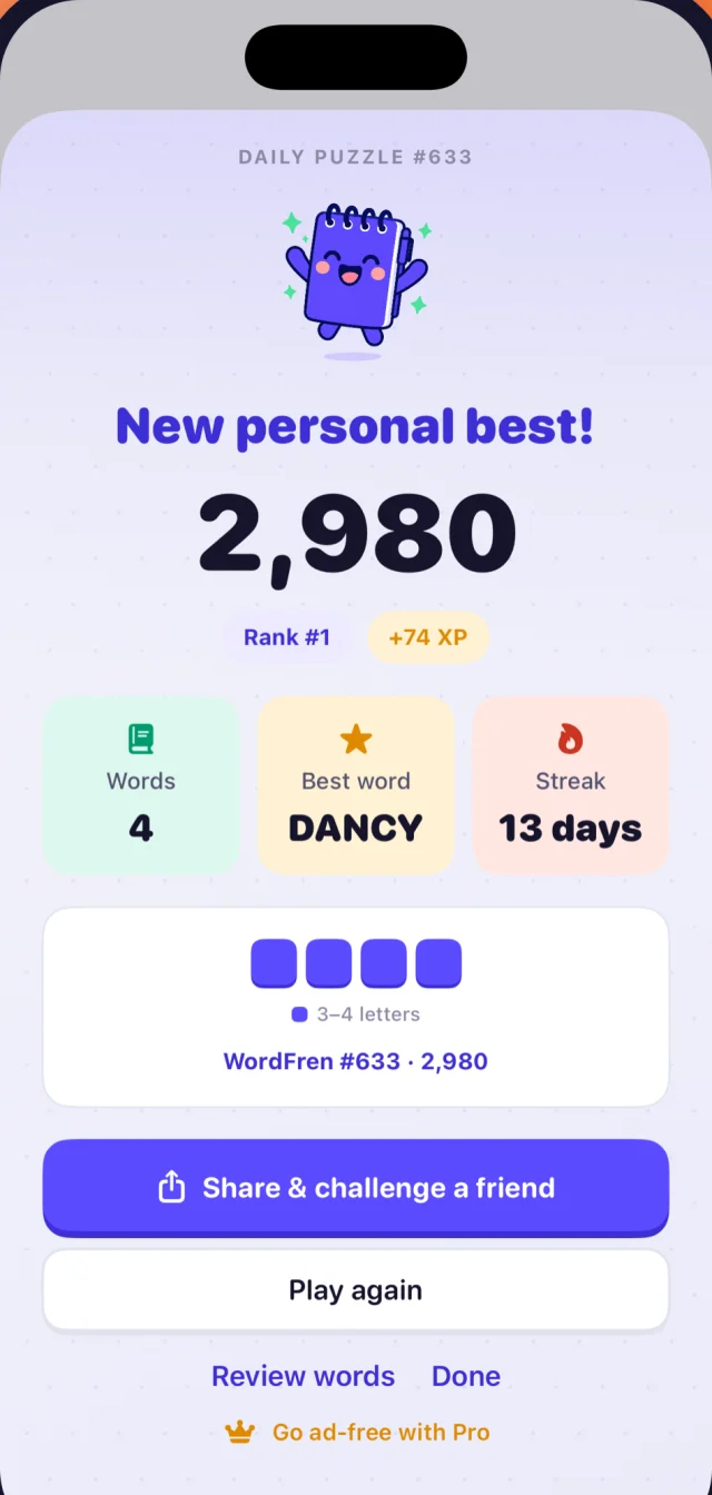 Daily Puzzle results showing a new personal best