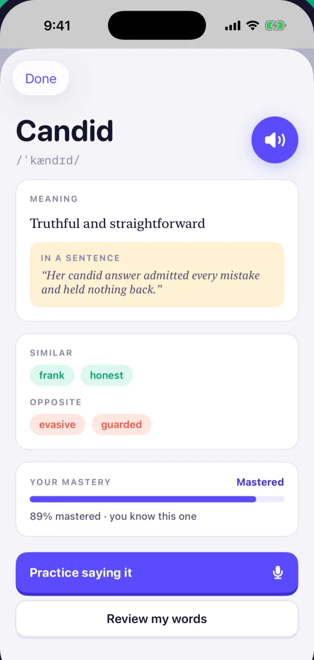 Word detail for Candid with meaning, example and mastery