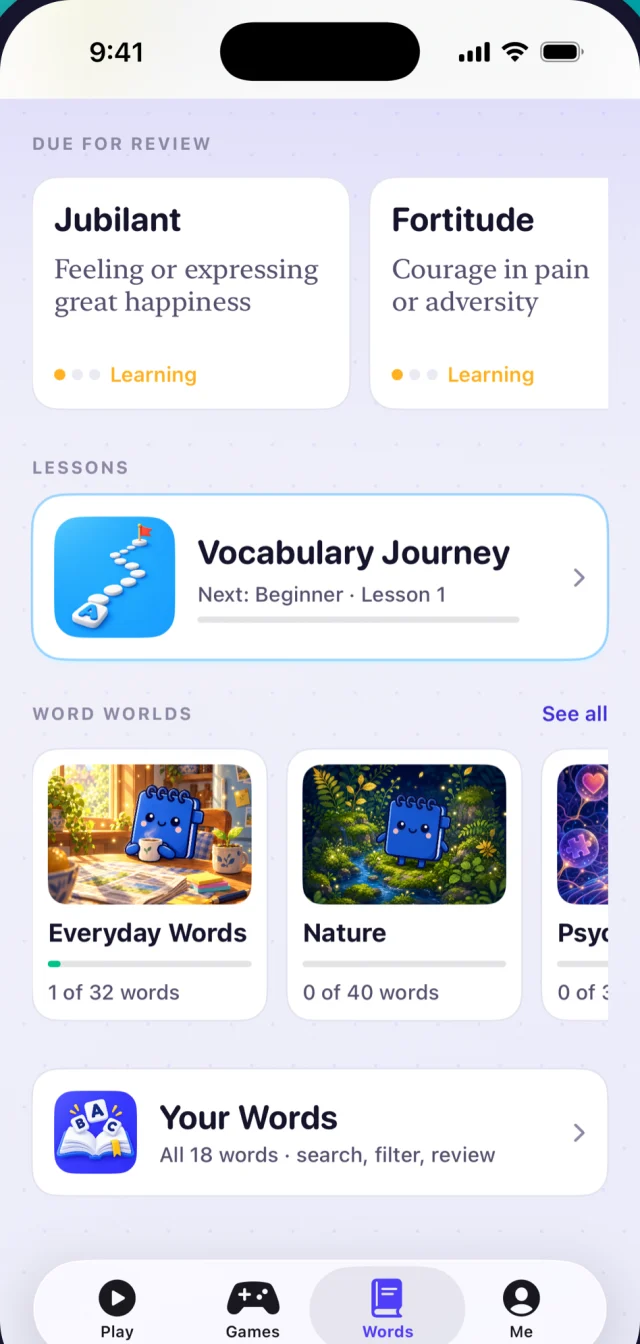 Words tab with review cards, lessons and Word Worlds