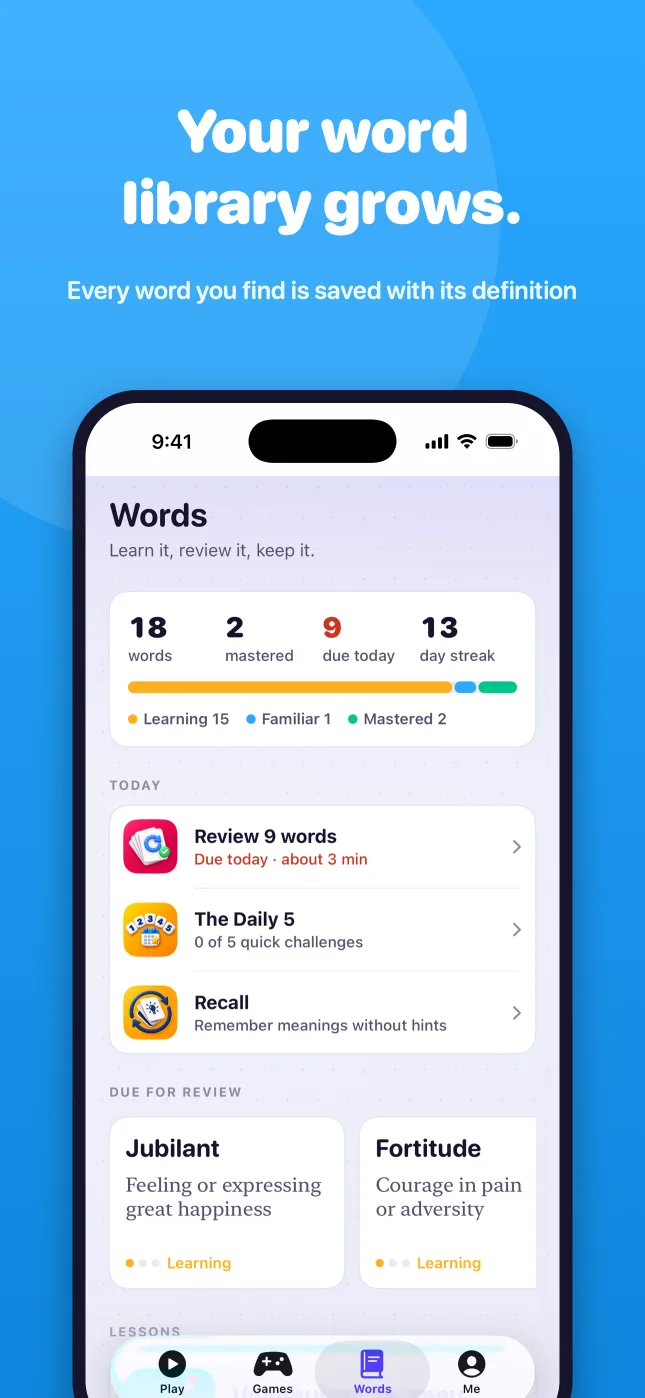 Your word library grows with every word you find.