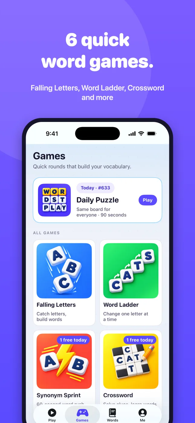 Quick word games: Falling Letters, Word Ladder, Crossword and more.